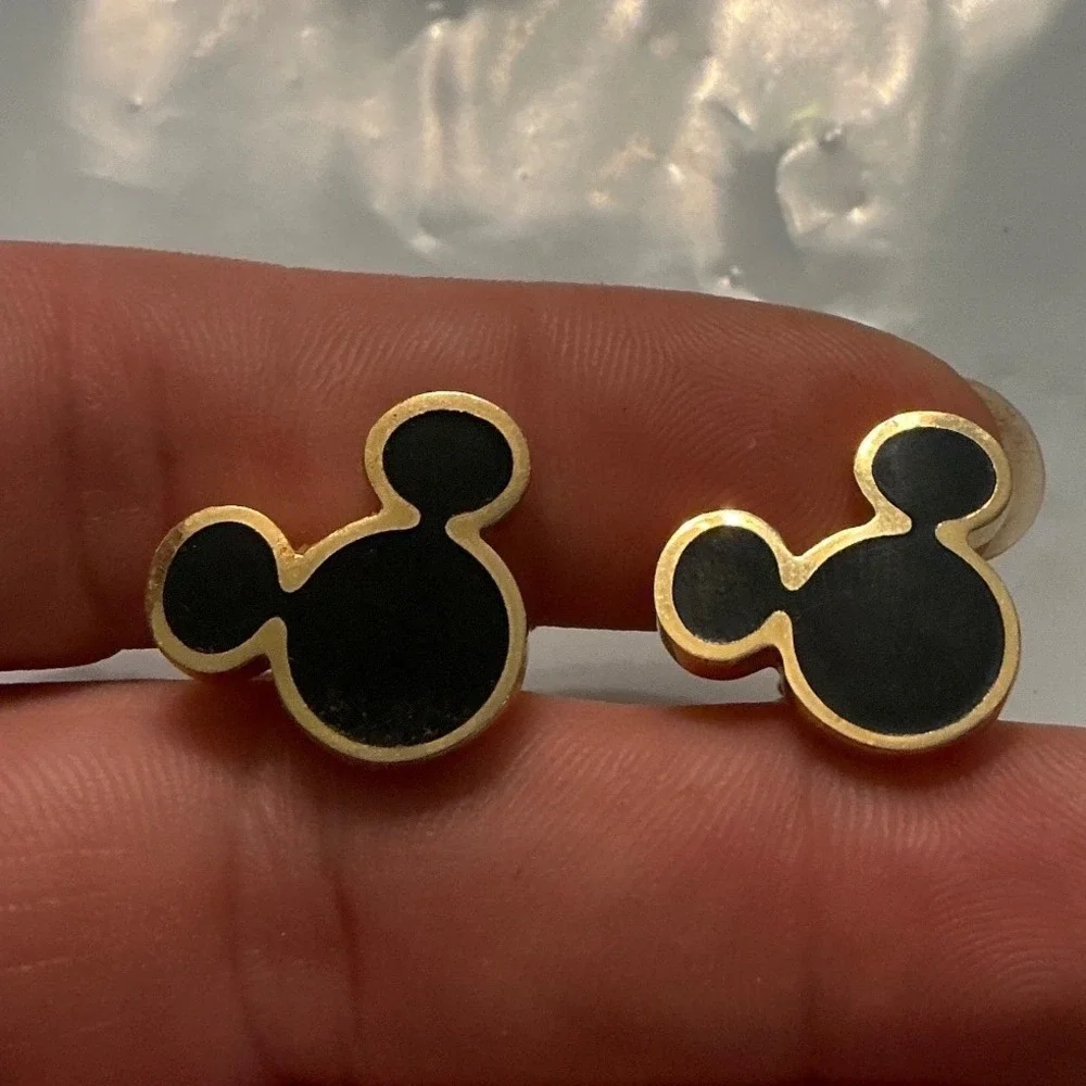 Disney Mickey Mouse Cufflinks Gold Tone Black Enamel Silhouette Toggle Back